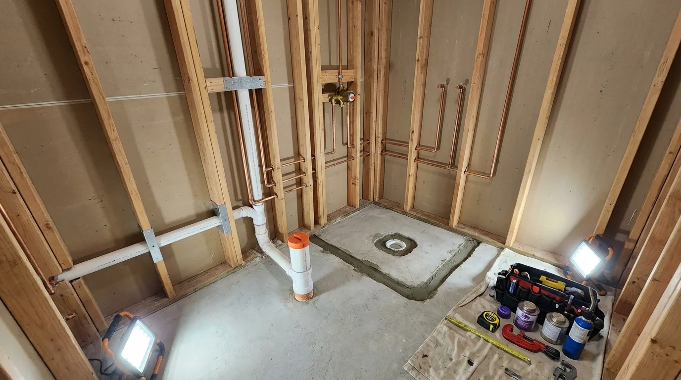 Bathroom rough-in plumbing during remodel by Johns Plumbing LLC in Montgomery City