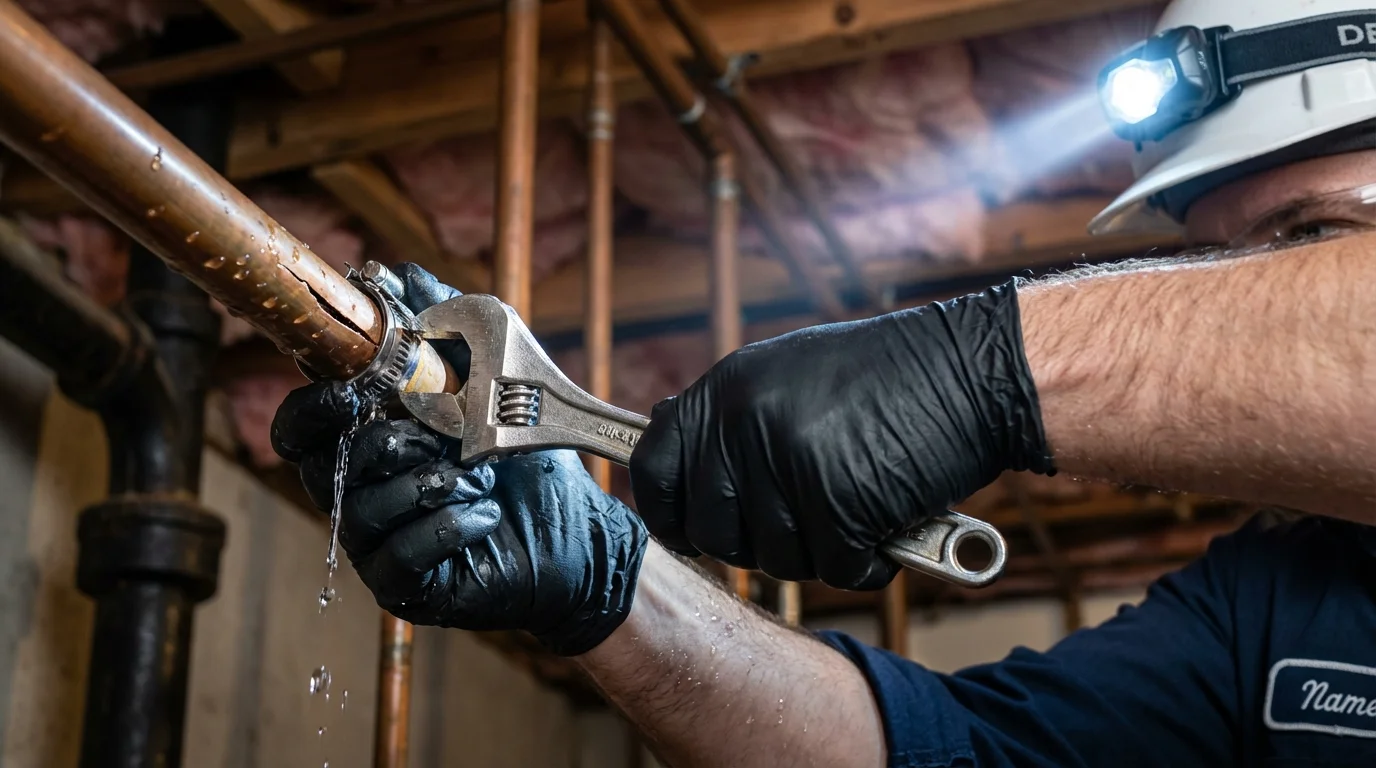 Emergency pipe clamp repair being performed by a Johns Plumbing LLC plumber in Montgomery City