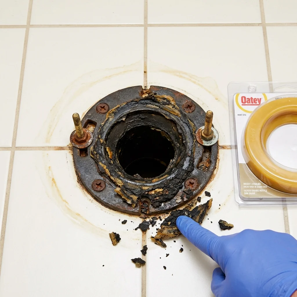 Failed wax ring showing water seepage at the base of a toilet in a Montgomery City, MO home