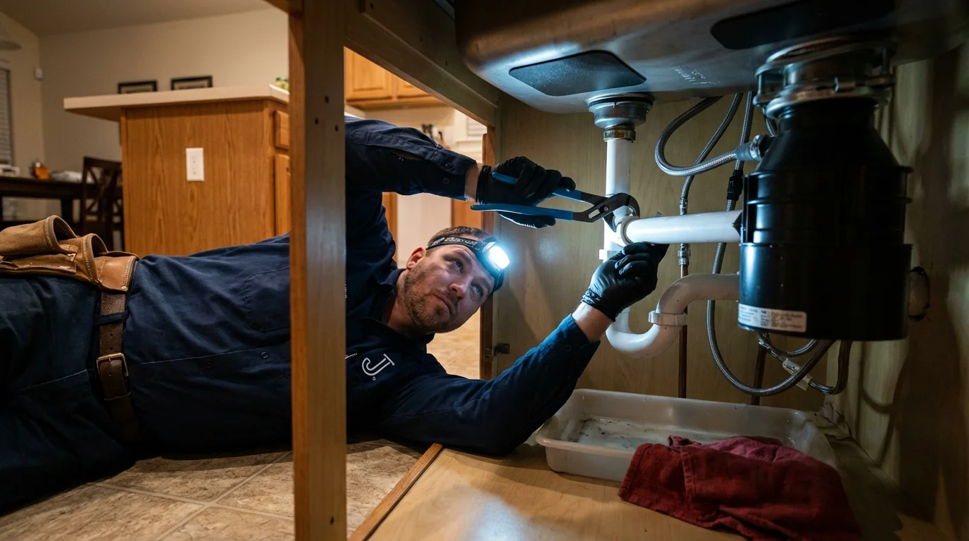 P-trap and supply line connections under a kitchen sink showing a common leak point in Montgomery City, MO